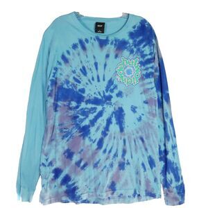 Huf Men's Size L Blue Tie Dye Long Sleeve Shirt Front & Back Logo